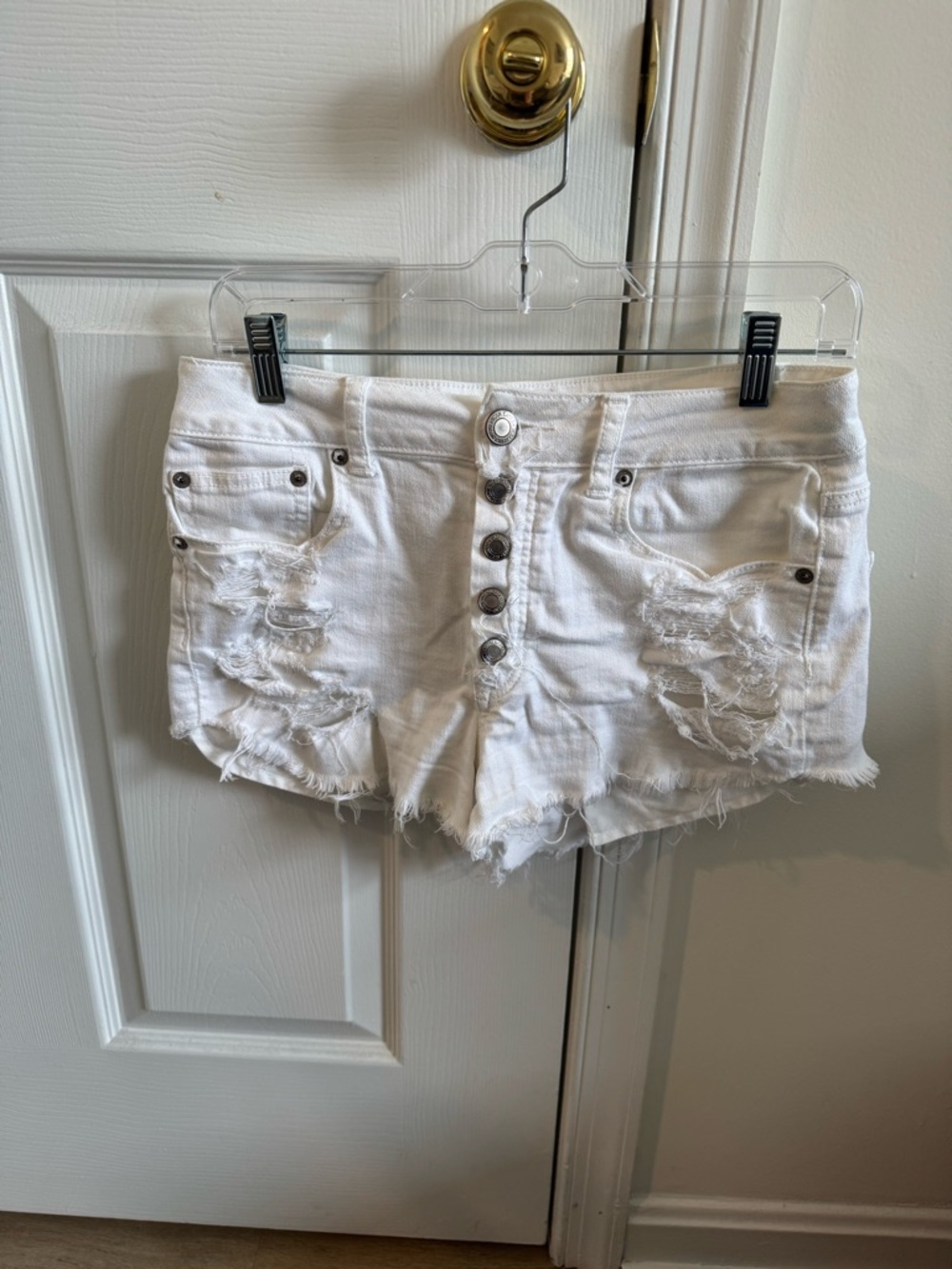 American Eagle Outfitters White Distressed Button-Up Denim Shorts